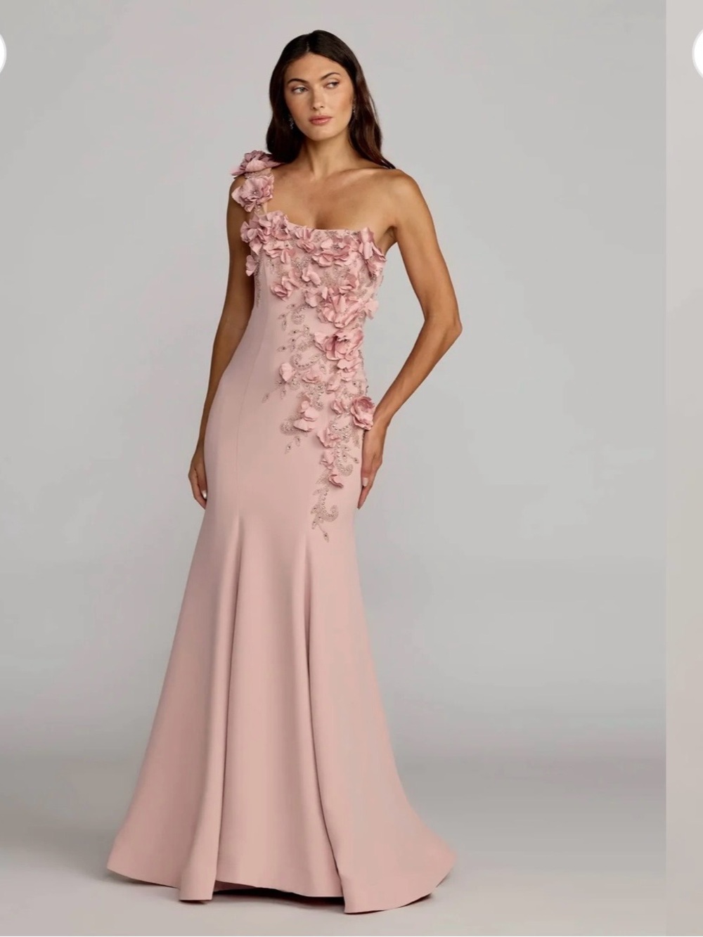 Mac Duggal One-Shoulder Blush Pink Floral Appliqué Gown